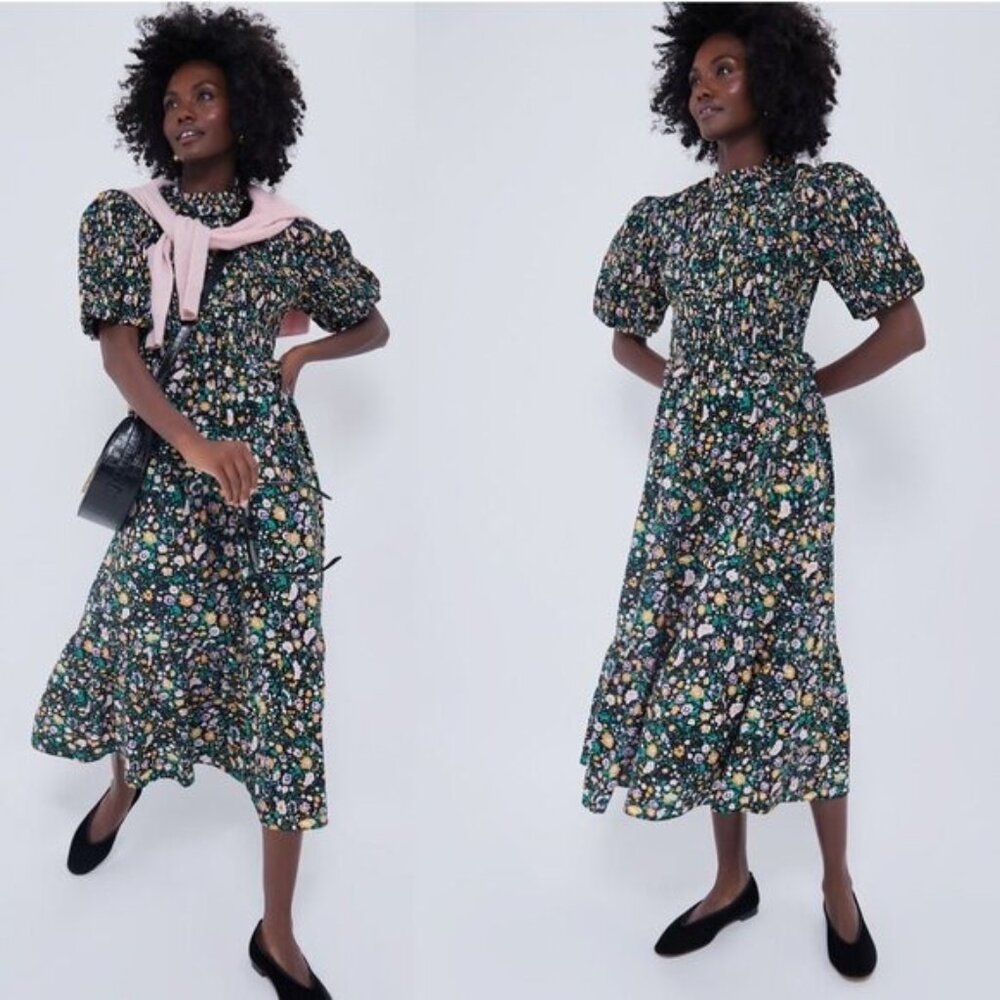 Hyacinth House | NEW Black Multi Floral Smocked Samantha Midi Dress Size L - Picture 3 of 13